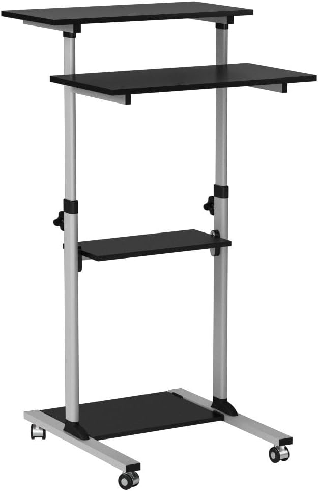 Mount-It! Black Rolling Standing Desk, Adjustable Height up to 54.7", Portable Laptop Podium Desk on Wheels, Mobile Computer Workstation with 4 Shelves 27.5" Wide, Cart for Home Office or Classroom