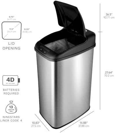 NINESTARS DZT-50-6 The Original Automatic Motion Sensor Trash Can, 13.2 Gal. / 50 L., Stainless Steel