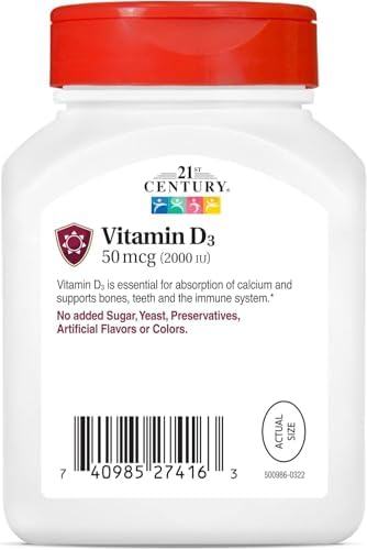 21st Century Vitamin D3 2000 IU Softgels, Bone & Immune, 250 Count | Vitamin D3 2000 IU Fast-Release Liquid Softgels, Bone Health, Immune Support & Calcium Absorption, Value 250-count Bottle