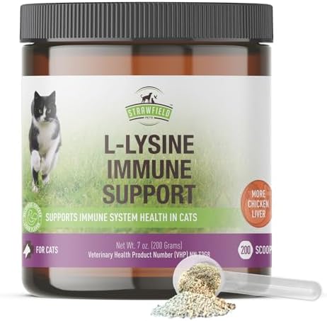 Strawfield Pets L-Lysine Immune Support Granules for Cats & Kittens - Immune Health Supplement Cat Cold Relief, Sneezing, Congestion, Running Nose