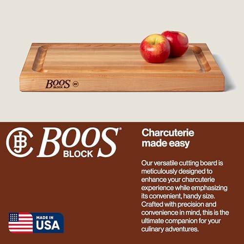 John Boos BBQ Series Rectangular Wooden Maple Cutting Board 18”x12” – 1.5” Thick, 8.5-lb Reversible Butcher Block with Juice Groove