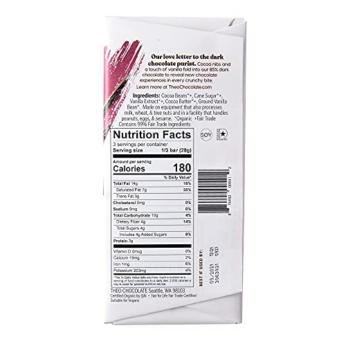 Theo Pure Organic Dark Chocolate Bar, 85% Cacao, 1 Bar | Vegan, Fair Trade