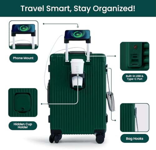 Nobl Travel Carry on Luggage, Zipperless Aluminum Frame, TSA Locks | PC Hard Shell Suitcase, Airline Approved, 360° Spinner Wheels, USB Charging Port, Cup & Phone Holder, 22.5x15x9.5, Ivory