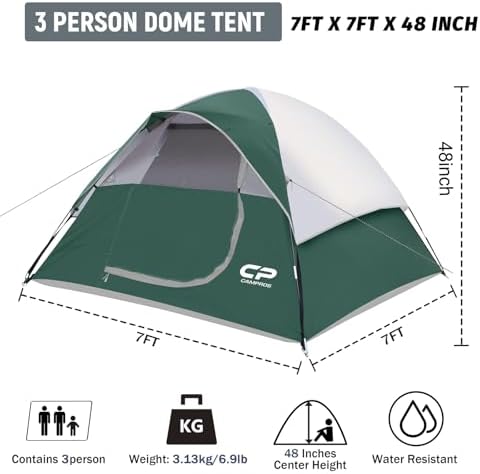 CAMPROS CP 3 Person Tent, Waterproof Dome Tents for Camping with Rainfly