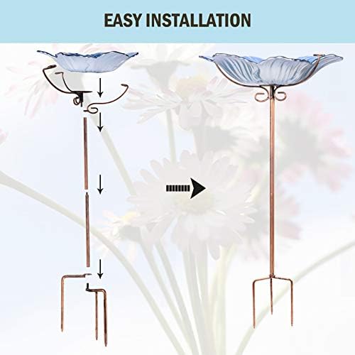 MUMTOP Glass Bird Bath Outdoor Birdfeeder Blue Flower Bowl with Metal Stake