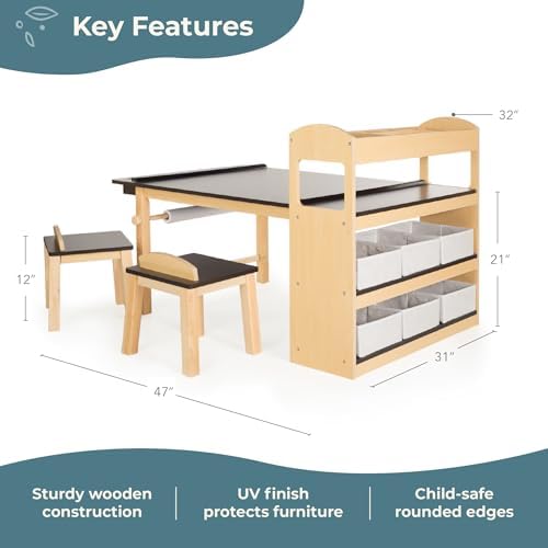 Guidecraft Deluxe Art Center: Kids' Montessori Art Table and Chairs Set with Storage Shelves, 6 Fabric Bins