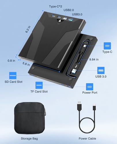 8-in-1 External Blu-ray Drive, BD Reader DVD CD Burner for Mac PC | Black 5Gbps USB3.0 Type-C, SD TF Reader, 8-in-1 BD Optical Drive