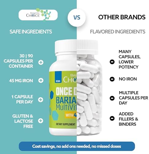 Bariatric Choice Once Daily Bariatric Multivitamin with Iron 45mg, 1 Month | 1-Mo Supply, Once Daily Easy-to-Swallow Capsule for Gastric Bypass & Sleeve Patients – High Potency Vitamins A, D, B12, More
