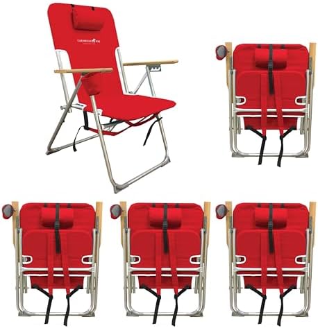 CARIBBEAN JOE Folding Beach Chair, 4 Position Portable Backpack Foldable Camping Chair with Headrest, Cup Holder, and Wooden Armrests