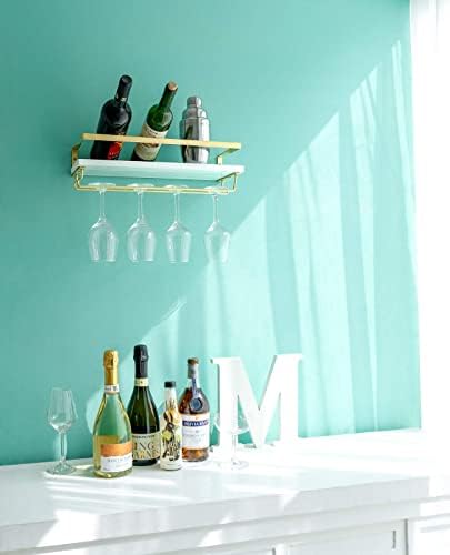 Mkono Wall Mounted Wine Rack Set of 2 Wood Rustic Wine Bottle Glass Floating Shelves with Stemware Hanger Modern Plants Photos Wine Display Storage