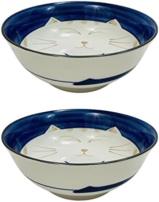 JapanBargain Set of 2 Japanese Porcelain Bowls, Large 7.5 Inch Ramen Udon Noodle Rice Soup Pho Poke Cereal Bowl, Maneki Neko Smiling Lucky Cat Pattern