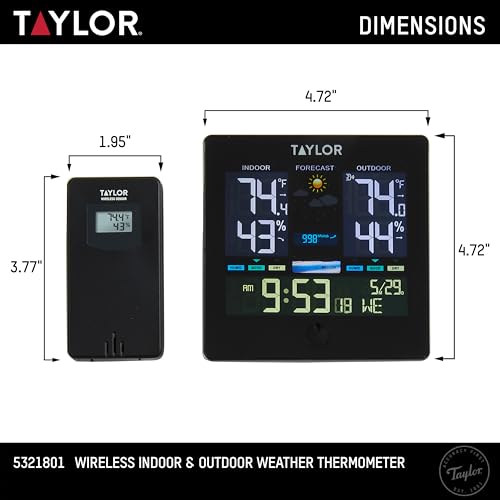 Taylor Wireless Digital Indoor Outdoor Thermometer, Easy to Read Numbers for Patio, Pool, and Indoor Areas, LCD, Black