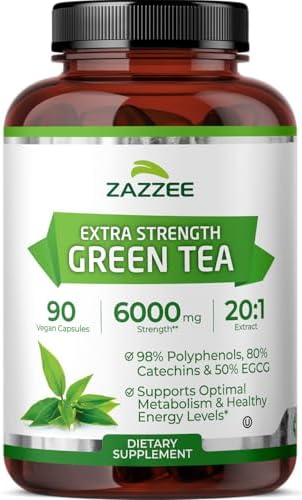 Zazzee Extra Strength Green Tea 20:1 Extract, 50% EGCG, 150 Vegan Capsules | 98% Polyphenols, 80% Catechins, 5 Month Supply, Certified Kosher, Antioxidant & Metabolism Support, Non-GMO, Made in the USA