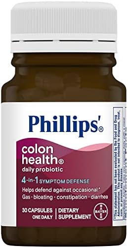 Phillips' Colon Health Daily Probiotic Capsules, 4-in-1 Symptom Defense to help defend against Occasional Gas, Bloating, Constipation, and Diarrhea, Daily Supplement, 30 Count