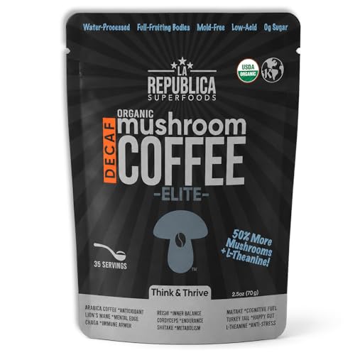 La Republica DECAF Organic Mushroom Coffee (35 Servings) with 7 Superfood Shrooms, Great Tasting Instant Mix Includes Lion's Mane, Reishi, Chaga, Cordyceps, Shiitake, Maitake, and Turkey Tail (Decaffeinated)
