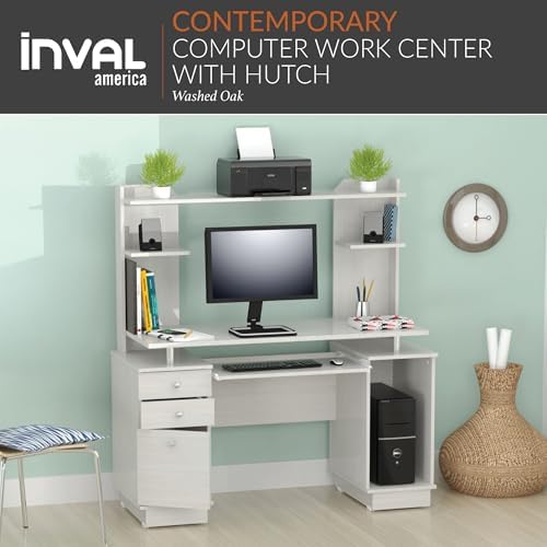 Inval America Computer Work Center with Hutch, Pull-Out Keyboard Tray, Drawers, Desk Workstation, 53.5"H x 48.62"W x 19.5"D, Washed Oak