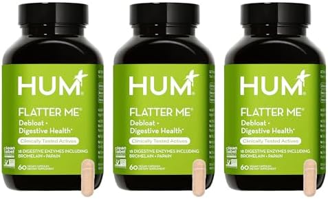 HUM Flatter Me Digestive Enzymes, Digestion & Bloating Support, 60 Count | 18 Digestive Enzymes, Ginger, Peppermint & Fennel, Women & Men, Vegan, Non-GMO, 60 Capsules