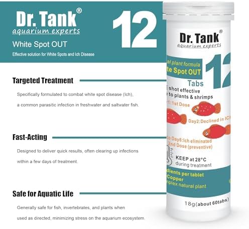 Dr. Tank #12 White Spot Out - Ich Treatment for Freshwater Fish - Eliminates Ick White Spot Disease - Safe for Aquatic Plants - 60 Tablets