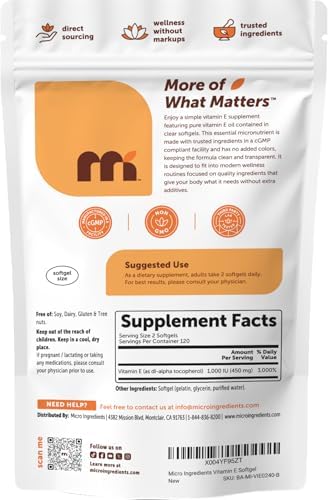 Micro Ingredients Vitamin E 1000 IU (450 mg) Per Serving, 240 Softgels | Daily Vitamin E Supplement | 4-Month Supply | Non-GMO, Gluten Free