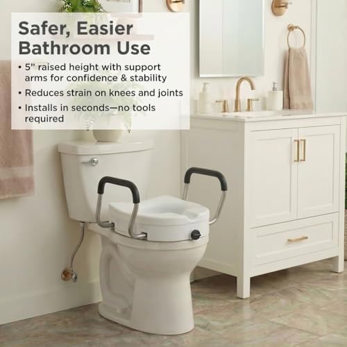 NOVA Toilet Seat Riser with Arms – Adds 5” Height, Raised Toilet Seat with ON/Off Front Lock, Adjustable & Removable Padded Arms (17.75”–20”), 300 lb Capacity, Safety Aid for Seniors
