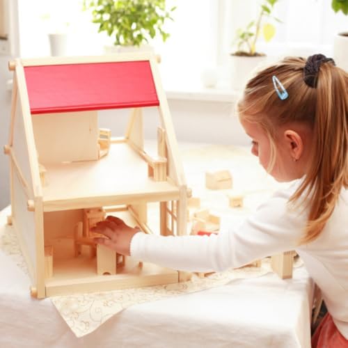 Hey Play Dollhouse for Kids, 15.75” x 11.5” x 15” | Classic Pretend Play 2 Story Wood Playset with Furniture Accessories and Dolls for Toddlers