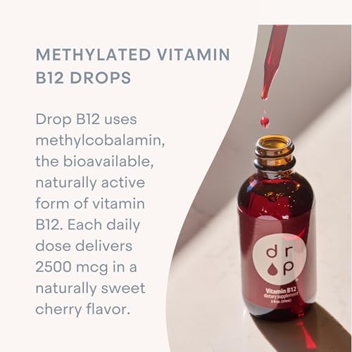 Drop Vitamin B12 Liquid Drops, 2500 mcg Methylated B12 (Methylcobalamin), Sublingual Drops for Energy and Nervous System Support, Natural Cherry