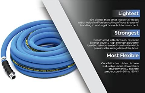 BLUBIRD BB3450 3/4" x 50' Rubber Air Hose, 100% Rubber, Lightest, Strongest, Most Flexible, 300 PSI, 50F to 190F Degrees, Ozone Resistant, High Strength Polyester Braided | Heavy Duty Reinforced Air Hose With 300 PSI Rating, Flexible Design, Kink Resista…