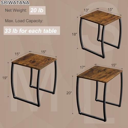 SRIWATANA Nesting Tables, Vintage Side End Tables Living Room, Coffee Snack Table Set of 3 | Compact 3-Piece Stacking Tables