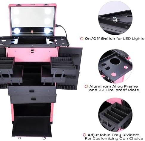 BYOOTIQUE Rolling Makeup Case with Lighted Mirror Hairstylist Station | Salonwith 2 Drawer,4 Trays,Hair Dry Holder,Professional Hairdressing Case,Beauty Salon Cart,Portable Vanity,Mobile