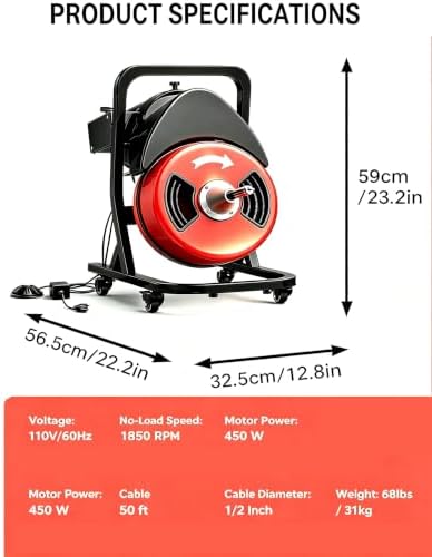 100Ft 3/4 Inch Drain Cleaning Machine. Sewer Snake 750w Auto Feed | Portable Drain Cleaning Machine Electric Drain Auger Sewer Auger with 6 Cutter Air-Activated Foot Switch for 4" to 8" Pipes
