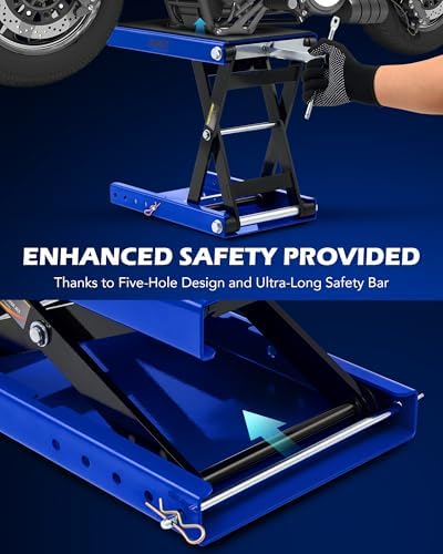 OMT 1100lb Motorcycle Scissor Lift Jack Wide Deck Motorbike Hoist Stand | Center Stand For ATV Dirt Bike Cruiser; T Handle And 3/8 Inch Socket; 3.7 To 14.6 Inch Lift; 5 Locking Holes; Chain Brush