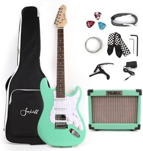 Fojill HSS Pickup 39 Inch Full Size Electric Guitar Kit Set Beginner Starter Combo Package Bundle 10W Battery Power Bluetooth Amplifier Amp Bag, Picks