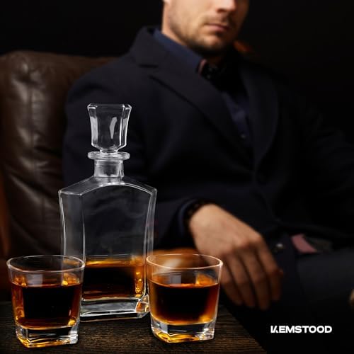 Kemstood Whiskey Decanter Sets for Men - Etched World Globe Design with Wood Stand & 2 Glass - Ideal for Dignified Drinking, Home Decor - Unique Whiskey Gifts for Men - 28 oz / 850 ml Capacity