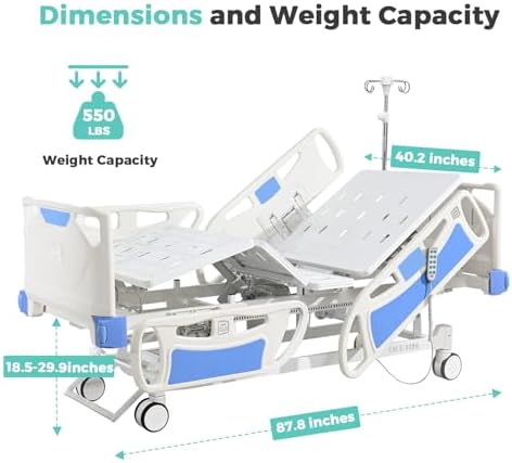 Premium 3 Function Full Electric Hospital Bed,Adjustable Medical Bed | 550LBS,4.7" Waterproof Mattress,Adjustable Height,One-Click CPR,Iv Pole,Germany Moter for Home Use Hospital Nursing Clinic
