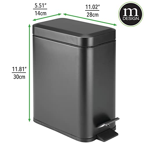 mDesign Metal Freestanding Slim Toilet Bowl Brush and Holder + Rectangle Narrow 5 Liter / 1.3 Gallon Step Pedal Trash Can Wastebasket for Bathroom