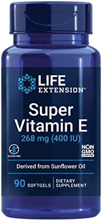 Life Extension Super Vitamin E, 268 mg (400 IU), Non-Synthetic Vitamin E Supplement Promotes Whole-Body Health, Gluten-Free, Non-GMO, 90 softgels