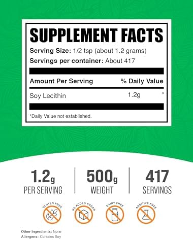 BulkSupplements.com Soy Lecithin Powder - Lecithin Supplement, Nutritional Supplement, Food Grade - Gluten Free, 1.2g per Serving, 250g (8.8 oz) (Pack of 1)