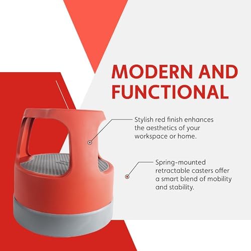 Cramer Scooter Stool, Round, 2-Step, 15", Step and Lock Wheels, 300 lb Capacity, Red