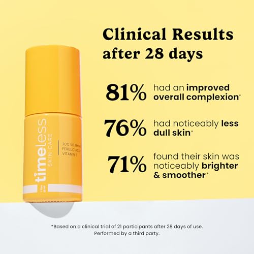 Timeless Skin Care Vitamin C Serum with Vitamin E & Ferulic Acid - Brightening Serum - for Oily & Dry Skin - Fragrance-Free - 1 oz | Vitamin C Serum for Even Skin Tone and Collagen Support, Antioxidant-Rich Advanced Skincare Formula, Lightweight