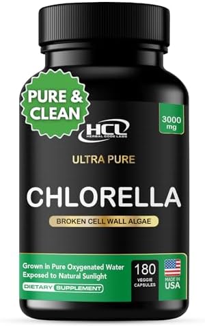 Chlorella Capsules 3000 mg - Cracked Cell Wall Blue Green Algae Supplement - Best Natural Detox Cleanse - Plant Vitamins Minerals Chlorophyll Vegan
