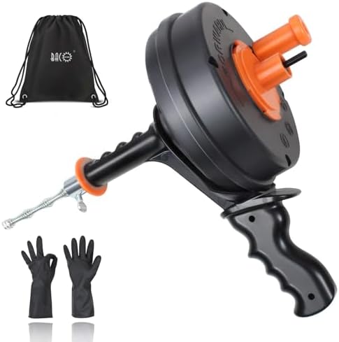 BACOENG 25Ft Drain Auger, Heavy Duty Plumbing Snake with Drill Adapter, Use Manually or Powered for Drain Clog, Shower Sink, Comes with Gloves and Bag (Orange)