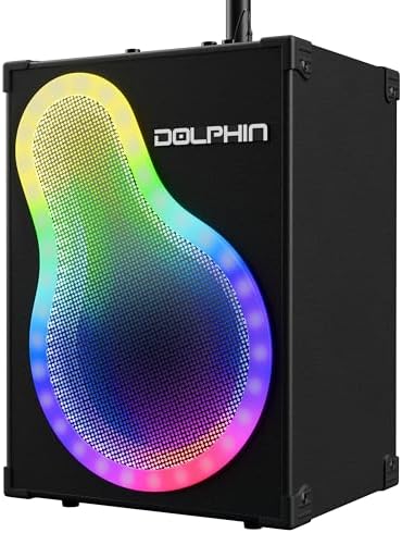 Dolphin Portable Bluetooth Party Speaker with Wired Microphone & Stand | WaveSync Pairing, LED Lights, USB, TF, FM Radio & AUX Inputs, Phone Holder