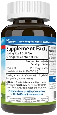 Carlson Vitamin D3 10000 IU (250 mcg), Bone Health, 120 Softgels | Muscle Health; Cholecalciferol; Vitamin D Supplements; Vitamin D3 Soft Gels