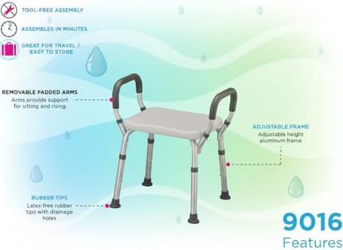 NOVA Bath & Shower Seat with Padded/Removable Arms - for Seniors, Handicap & Medical Use, Adjustable Height, Aluminum Frame, Non-Skid Safety