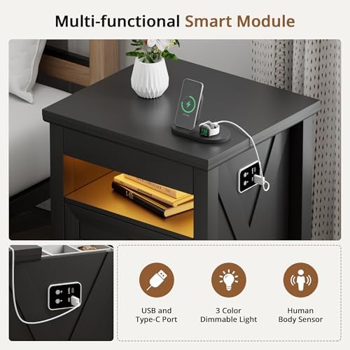 Farmhouse Nightstand with Lockable Hidden Drawer, Human Sensor LED Bedside Table with LED Lights & Charging Station, Rustic Wood Sofa Side End Table with 3 Drawers for Bedroom (Black)