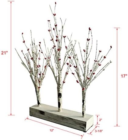 Battery Operated w/Timer Illuminated Pip Berry Tree Centerpiece Lighted Three Trees Tabletop LED Lights, for Home/Party/Wedding/Festival/Indoor Decoration, 21-Inch