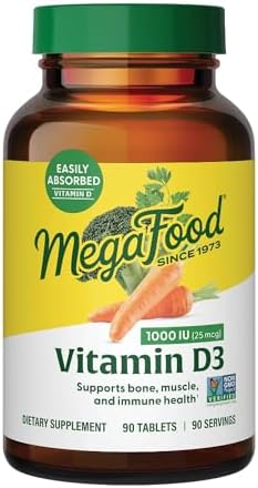 MegaFood Vitamin D3 1000 IU (25 mcg), Bone & Immune Health, 60 Tablets | Vitamin D3 Daily Support for Bone, Teeth, Muscle & Immune Health, Plus Real Food, Non-GMO, Vegetarian, 60 Servings