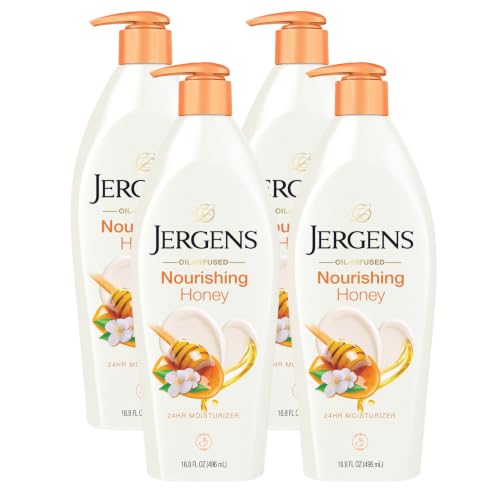 Jergens Nourishing Honey Lotion For Dry Skin, 16.8 fl oz, 4 Pack | Orange Blossom Essence, Nourishing Honey, Long-Lasting Hydration