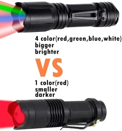 Upgraded Zoomable Red Flashlight, 4 Color in 1 | Green Red Blue White Multi-Color RGBW LED, Memory Function, Night Vision, Fishing, Astronomy