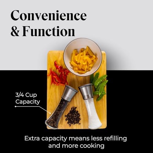 Willow & Everett Salt & Pepper Grinder Set with Stand - Stainless Steel Manual Mills & Holder with Adjustable Coarseness